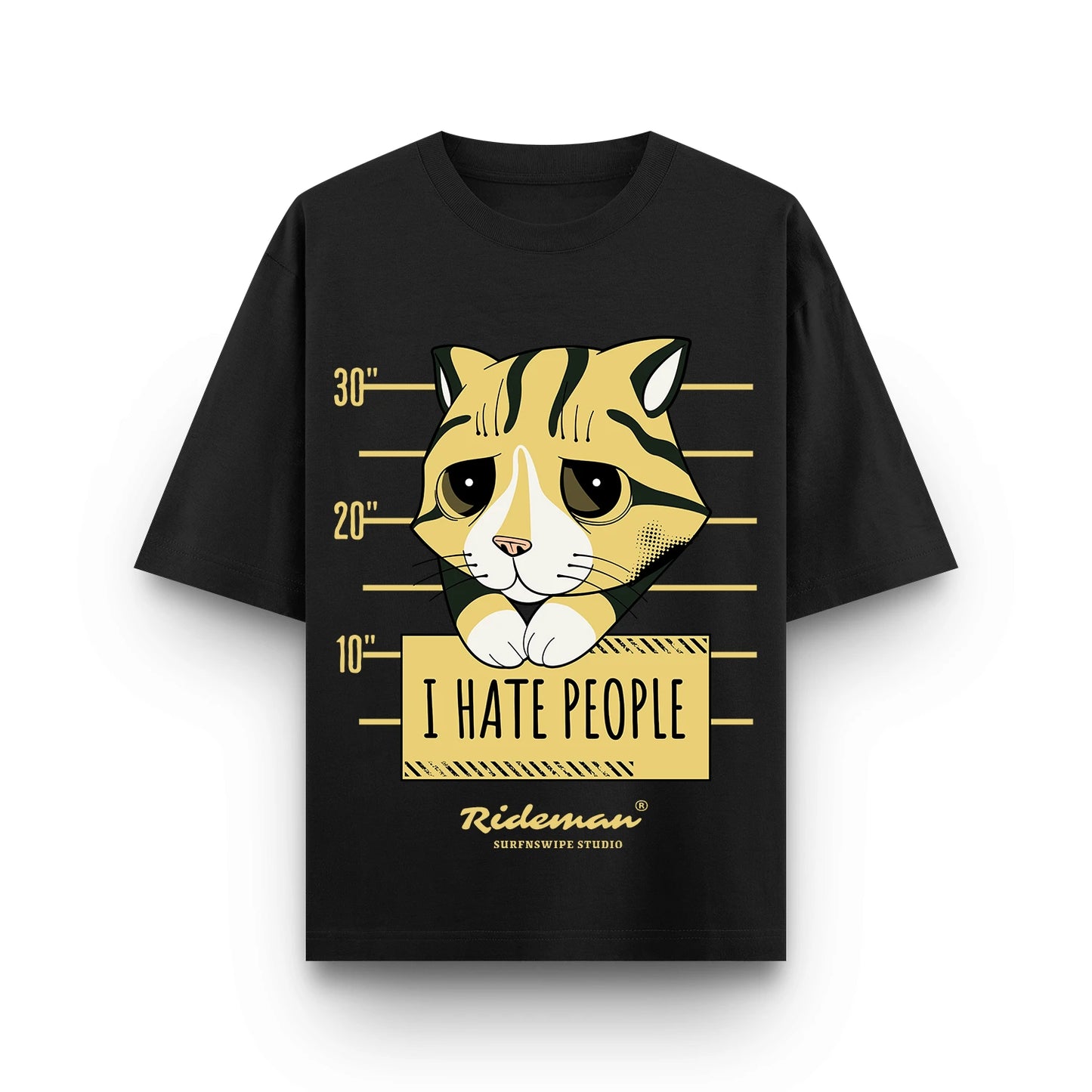  I Hate People grumpy cat mugshot graphic printed oversized unisex t-shirt in black – 240 GSM brushed fleece cotton, Surfnswipe Studio