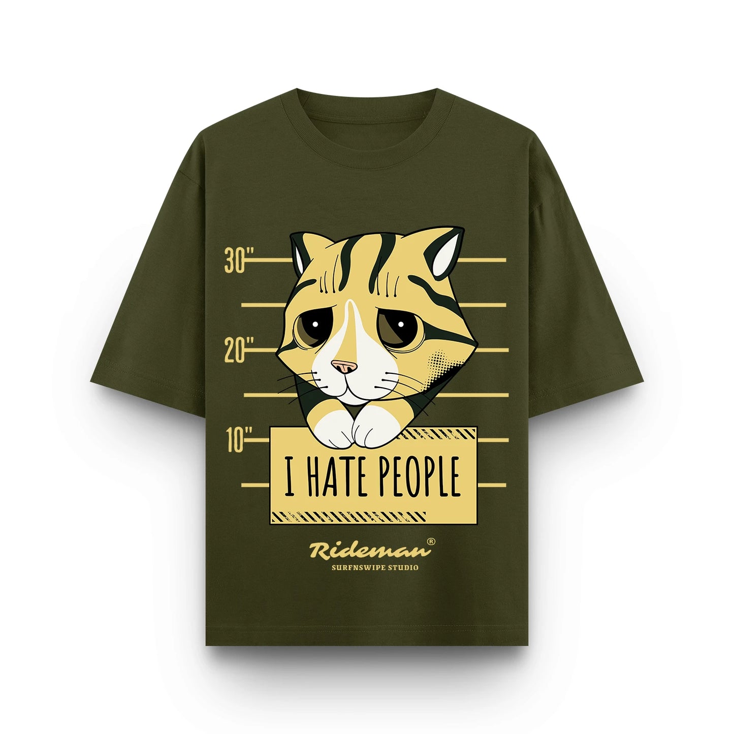  Hate People grumpy cat mugshot graphic printed oversized unisex t-shirt in olive – 240 GSM brushed fleece cotton, Surfnswipe Studio