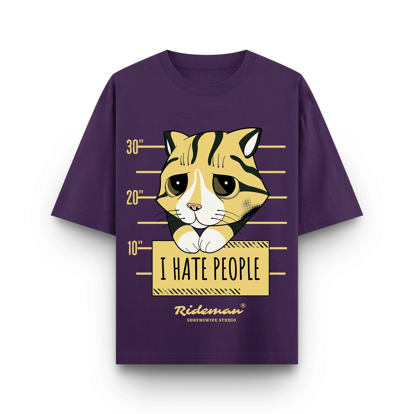  Hate People grumpy cat mugshot graphic printed oversized unisex t-shirt in purple – 240 GSM brushed fleece cotton, Surfnswipe Studio