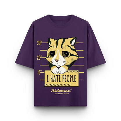  Hate People grumpy cat mugshot graphic printed oversized unisex t-shirt in purple – 240 GSM brushed fleece cotton, Surfnswipe Studio