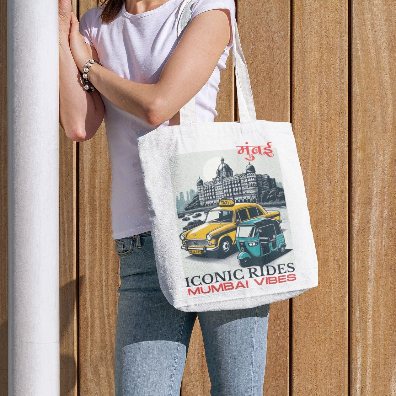 Mumbai Iconic Taxi & Autorickshaw Print Canva Tote Bag