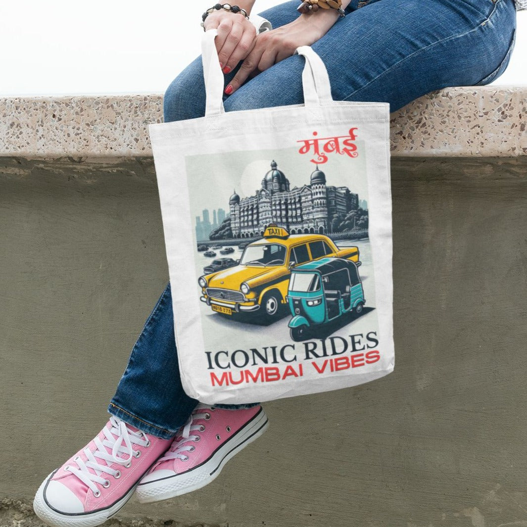 Mumbai Iconic Taxi & Autorickshaw Print Canva Tote Bag