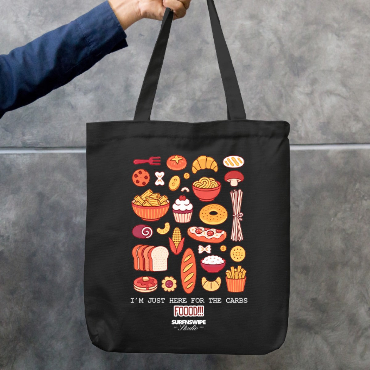 Funny cotton canvas tote bag with I'm just here for the carbs slogan