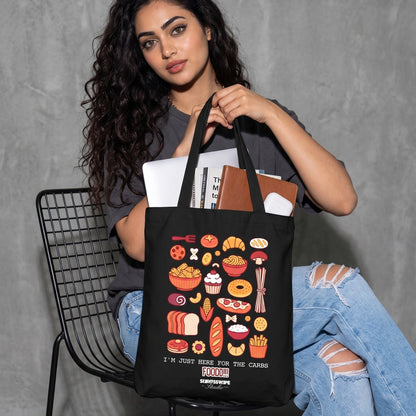 Funny cotton canvas tote bag with I'm just here for the carbs slogan