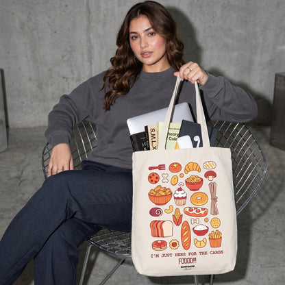 Funny cotton canvas tote bag with I'm just here for the carbs slogan