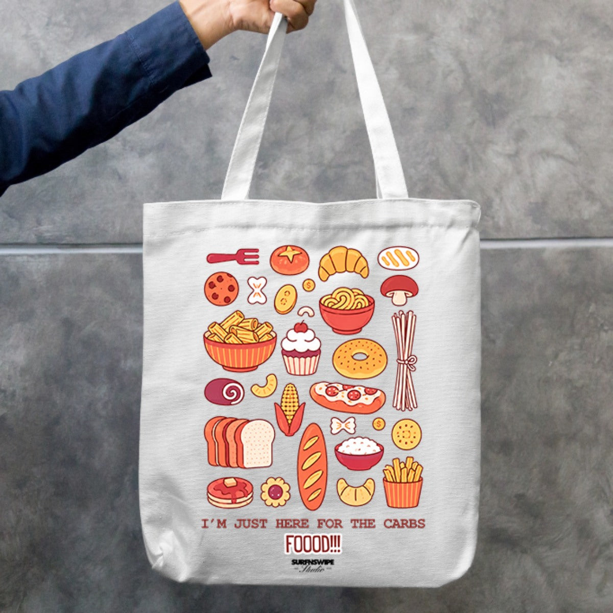 Funny cotton canvas tote bag with I'm just here for the carbs slogan