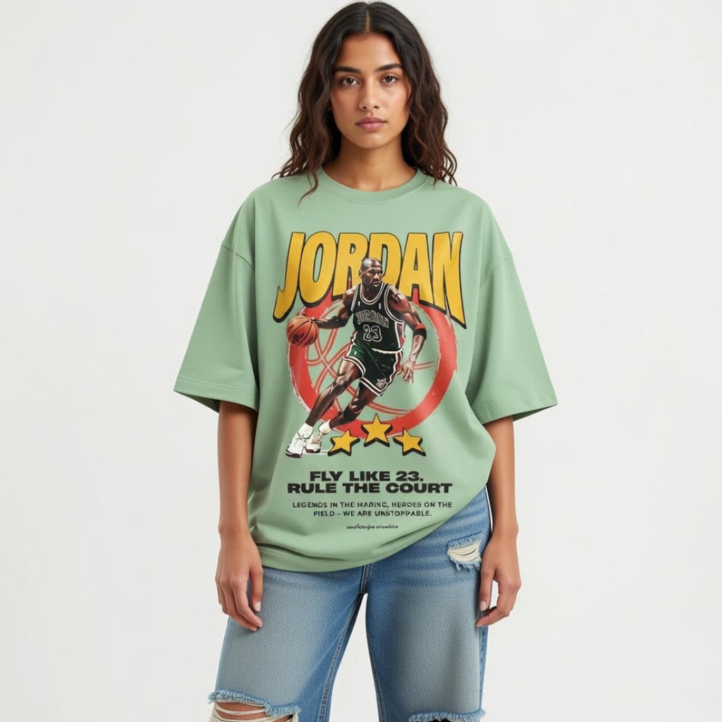 Person wearing a green t-shirt with Jordan graphic design on a white background