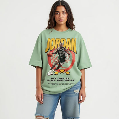 Person wearing a green t-shirt with Jordan graphic design on a white background