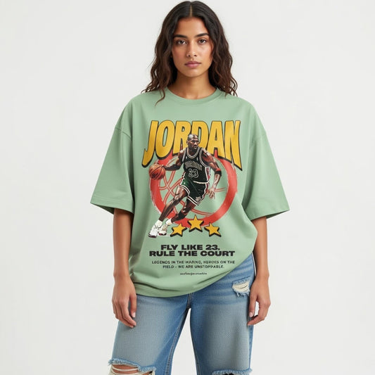 Person wearing a green t-shirt with Jordan graphic design on a white background