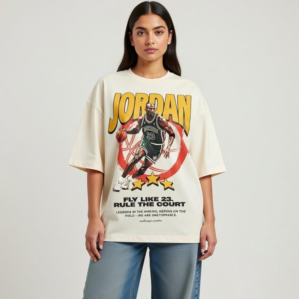 Person wearing a 'Jordan' t-shirt with a graphic design on a plain background