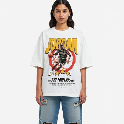 Person wearing a white t-shirt with Jordan branding and graphics