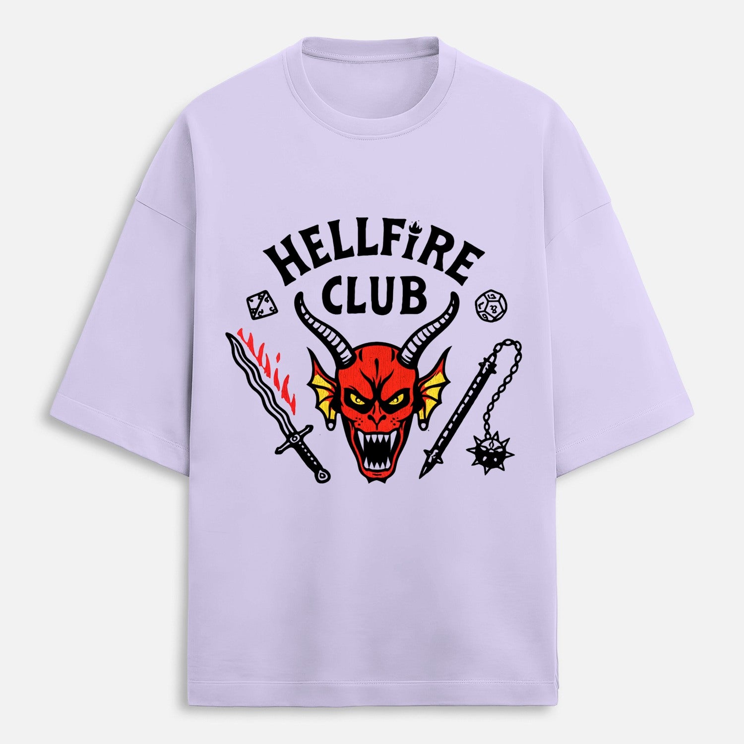 Lavender t-shirt with 'Hellfire Club' graphic design featuring a devil face and weapons on a white background.