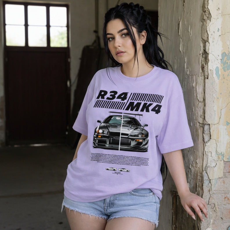Woman wearing a purple t-shirt with car graphic and text in an indoor setting