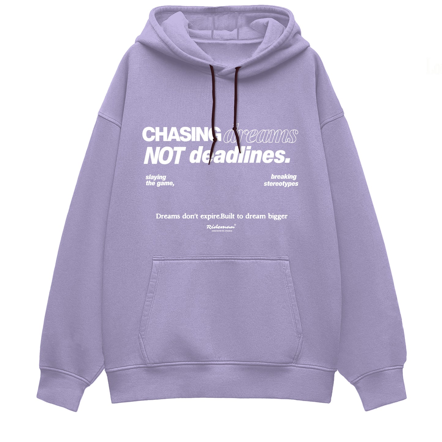 Purple hoodie with motivational text on a white background