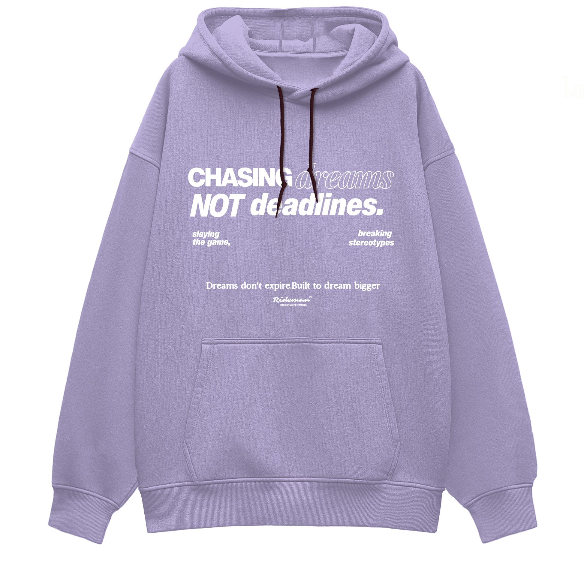 Purple hoodie with motivational text on a white background