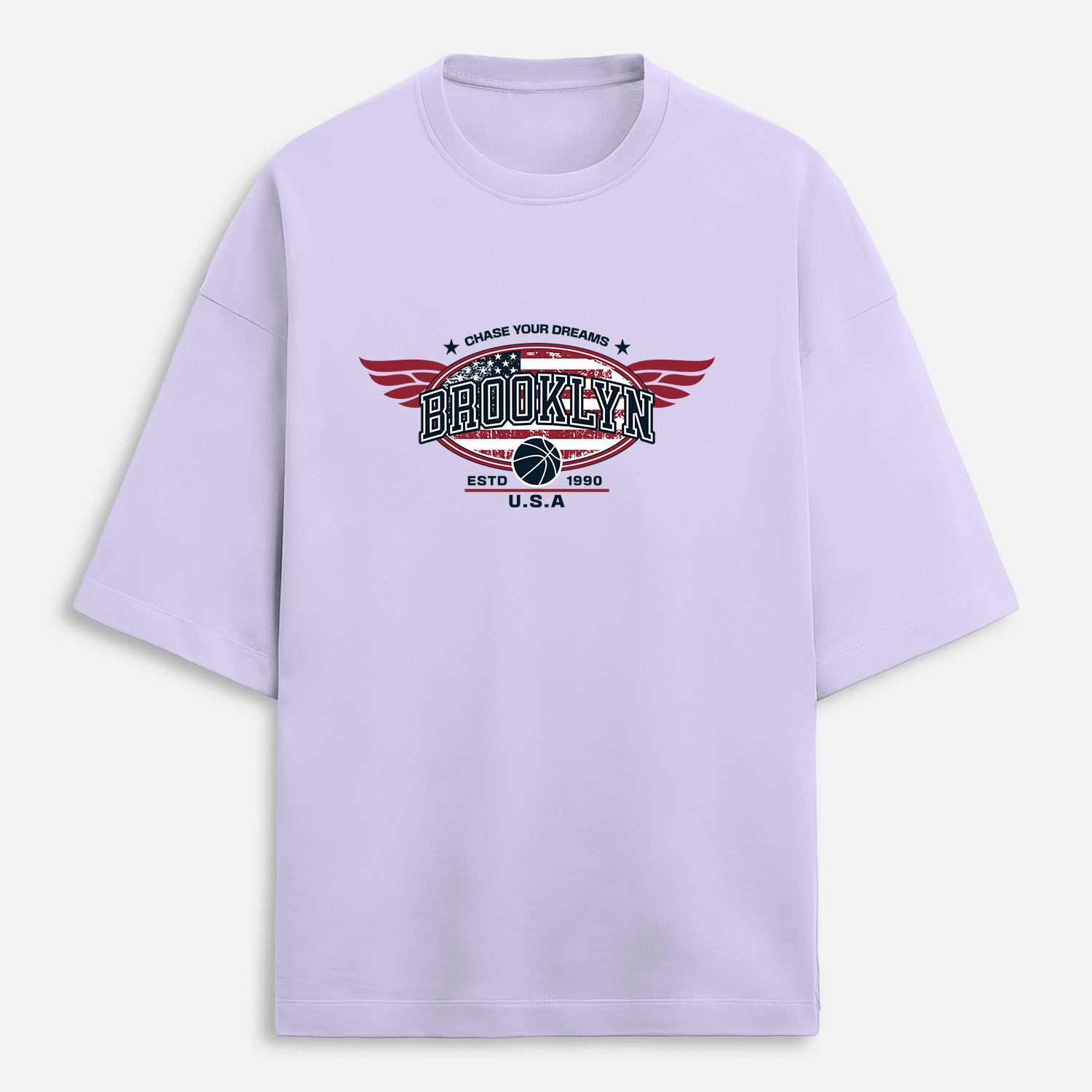 Lavender t-shirt with 'Brooklyn' graphic design on a light gray background