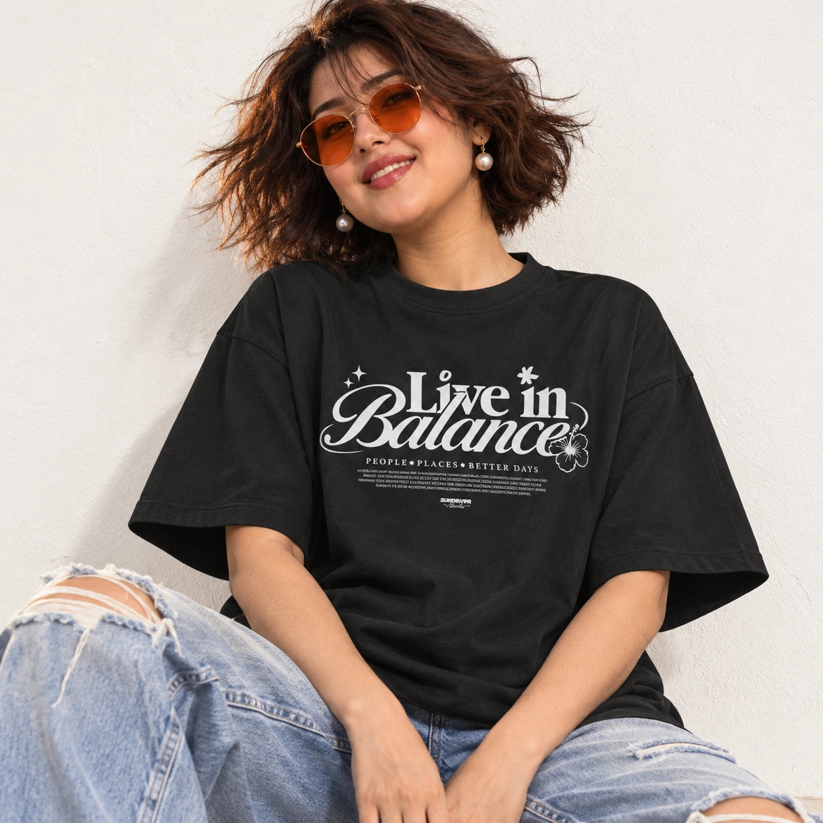 Live in Balance oversized drop-shoulder tee in black, 240GSM cotton streetwear