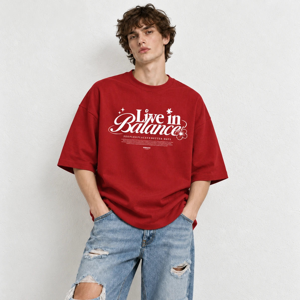 Live in Balance oversized drop-shoulder tee in red, 240GSM cotton streetwear