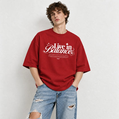 Live in Balance oversized drop-shoulder tee in red, 240GSM cotton streetwear
