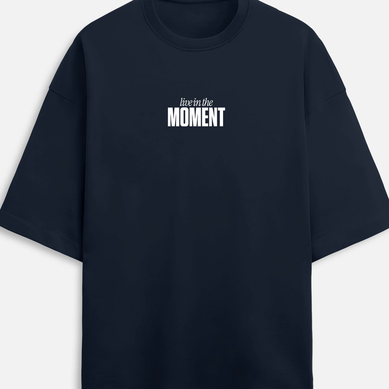 Black t-shirt with 'live in the Moment' text on a white background