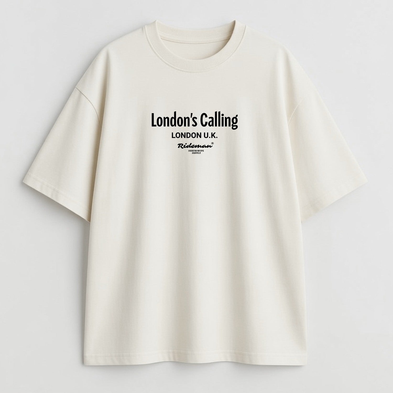 White t-shirt with 'London's Calling' text on a light gray background