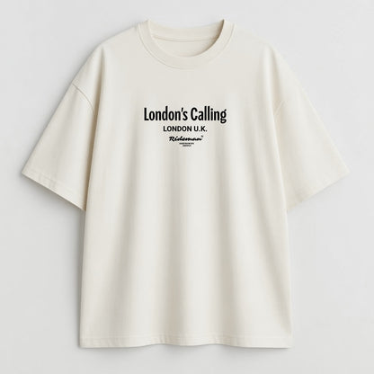 White t-shirt with 'London's Calling' text on a light gray background