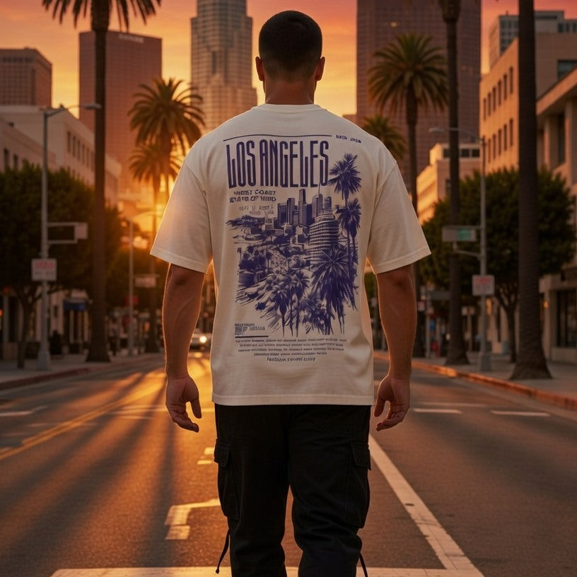 Person wearing a 'Los Angeles' t-shirt walking on a street with palm trees and city skyline.