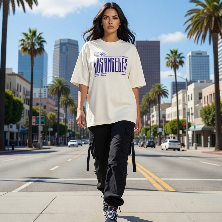Woman walking on a city street with palm trees and buildings in the background