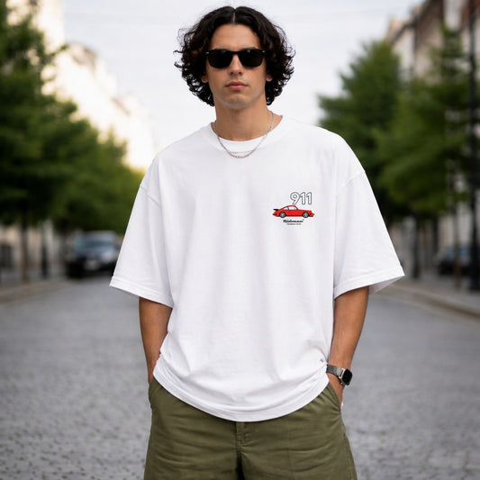 Man wearing a white t-shirt with a logo on a street background