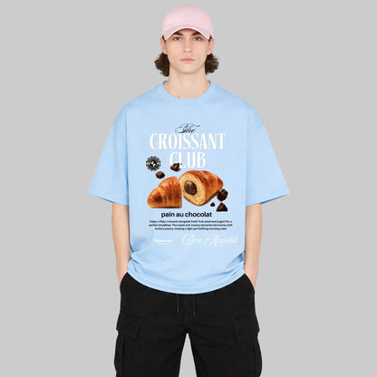 Croissant Club unisex oversized graphic tee in baby blue — drop shoulder 240 GSM cotton streetwear