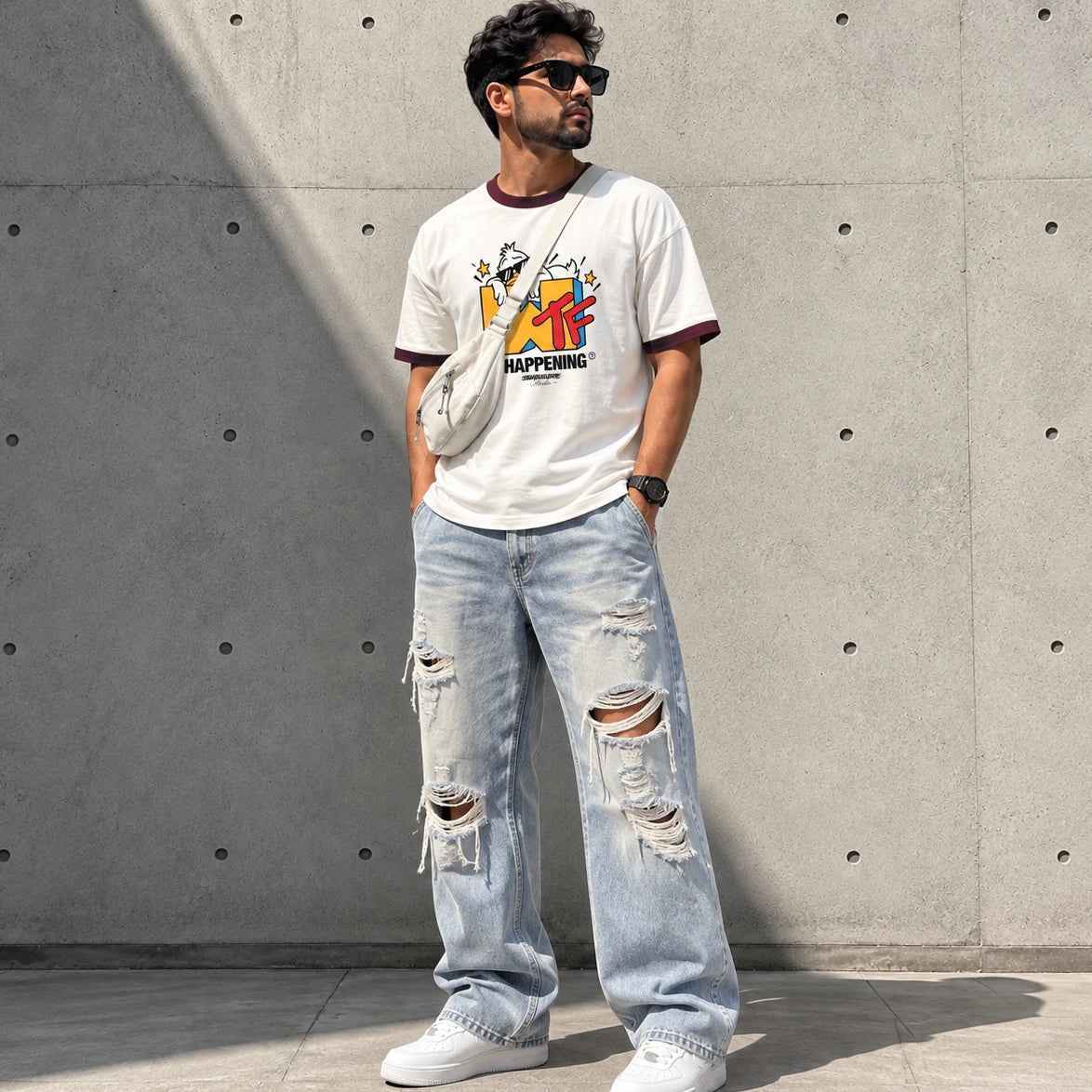 A man wearing a white graphic t-shirt with dark maroon trim, distressed light blue jeans, and white sneakers, standing against a concrete wall.
