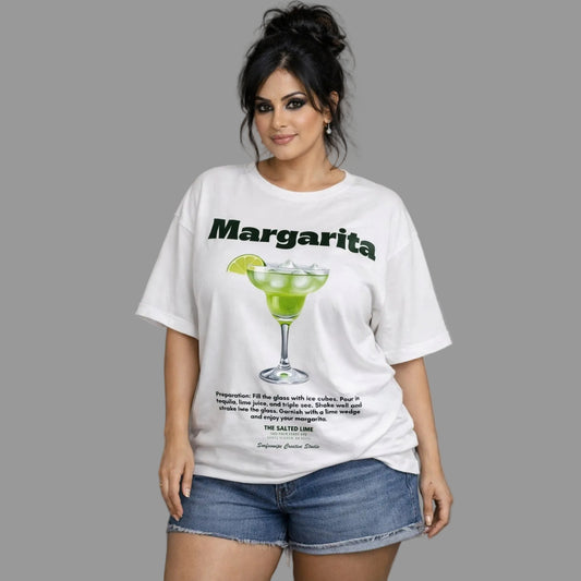 Woman wearing a white t-shirt with a margarita graphic and text.