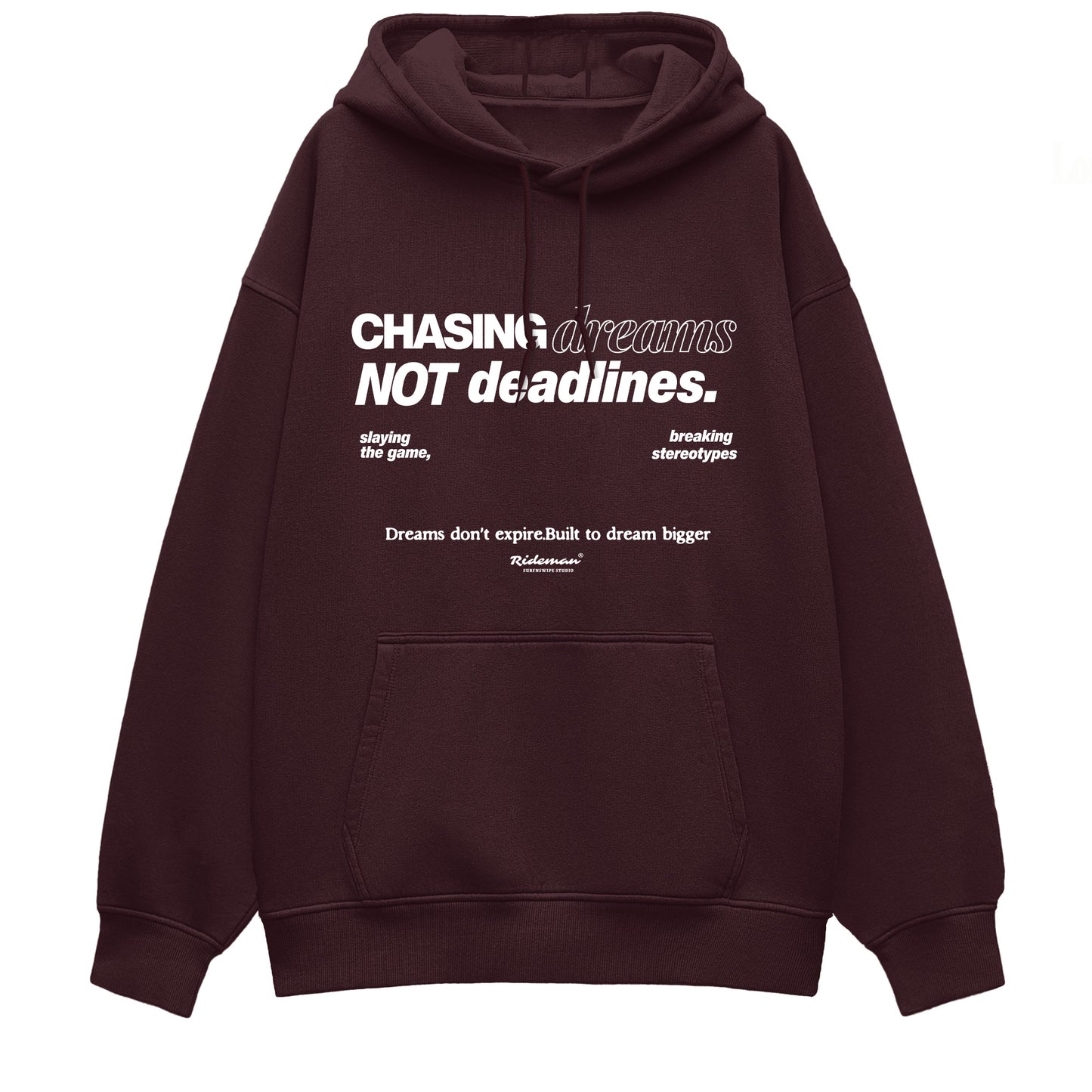 Brown hoodie with motivational text on a white background