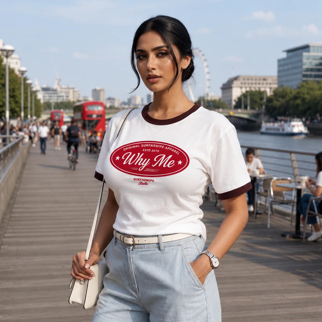 Close-up of maroon oval Why Me vintage graphic print on off-white ringer tee