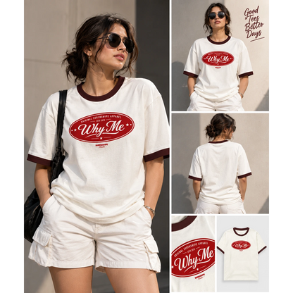 SURFNSWIPE Studio maroon ringer tee lifestyle look book with street style model
