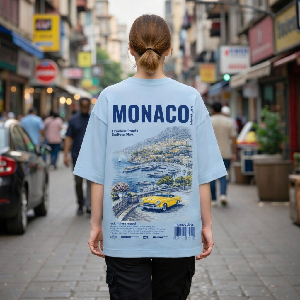 Person wearing a light blue t-shirt with 'MONACO' design on a city street.