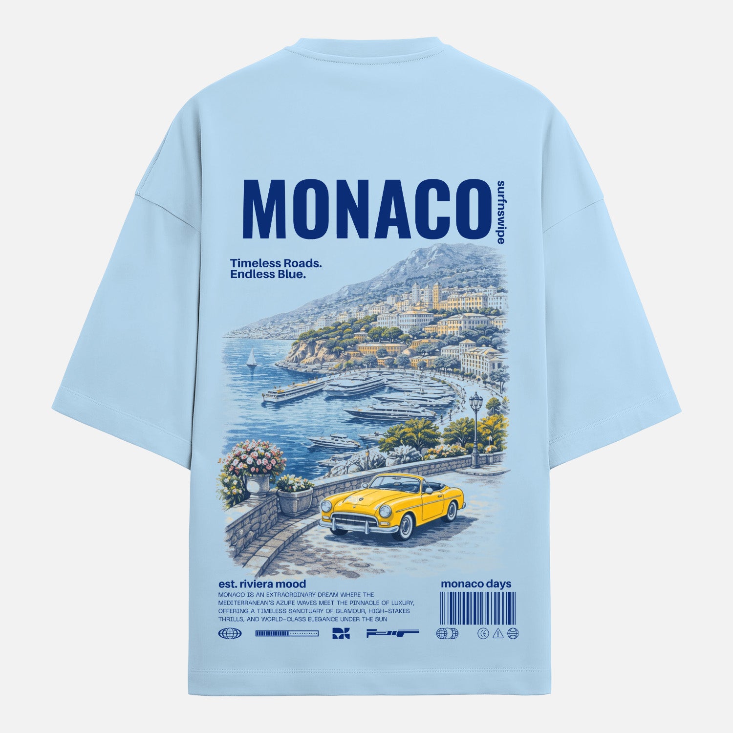 Light blue t-shirt with Monaco-themed design on a white background