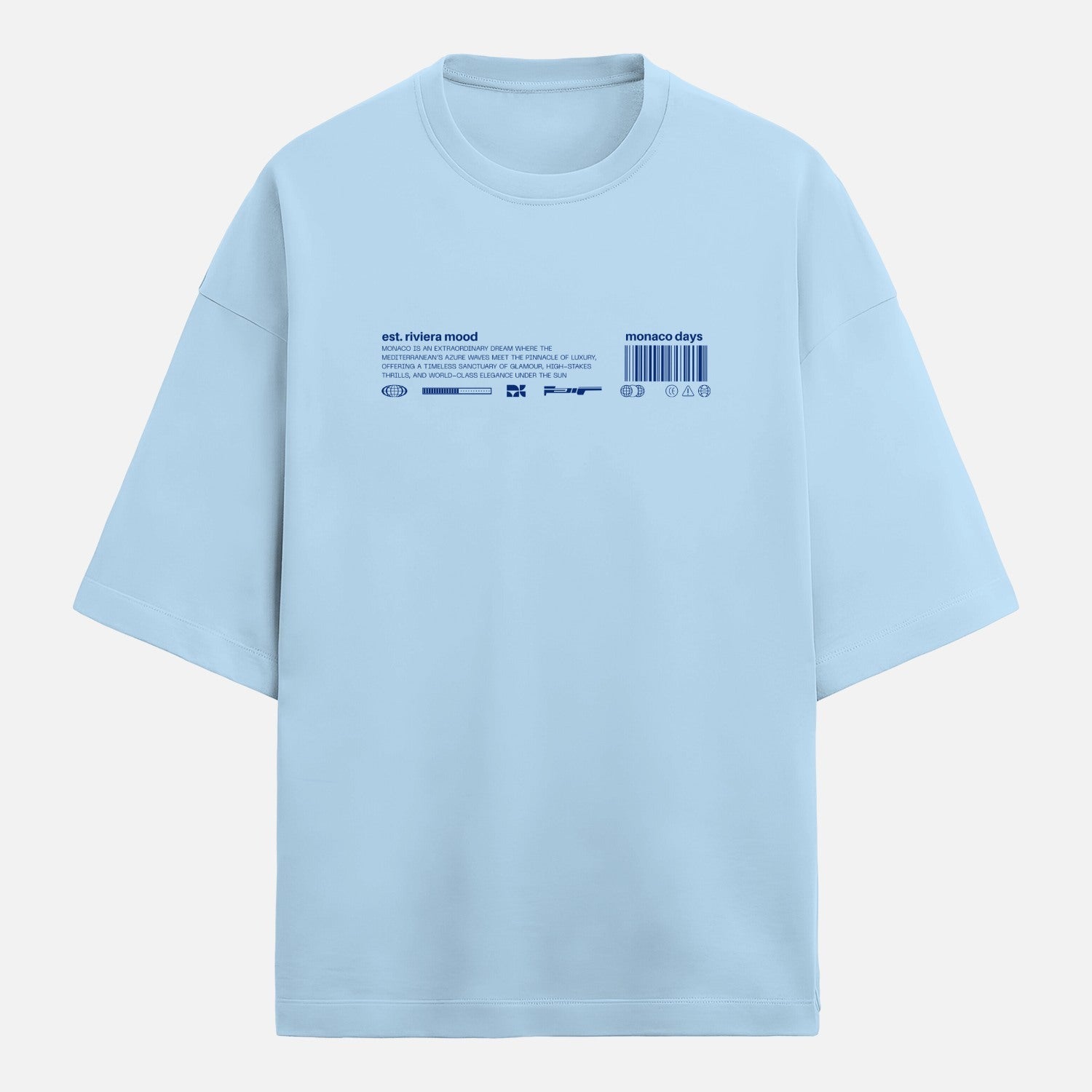 Light blue t-shirt with text and graphics on a light gray background