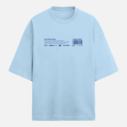 Light blue t-shirt with text and graphics on a light gray background