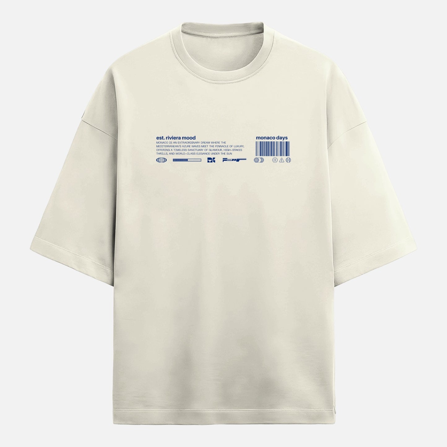 Beige t-shirt with text and graphics on a light gray background
