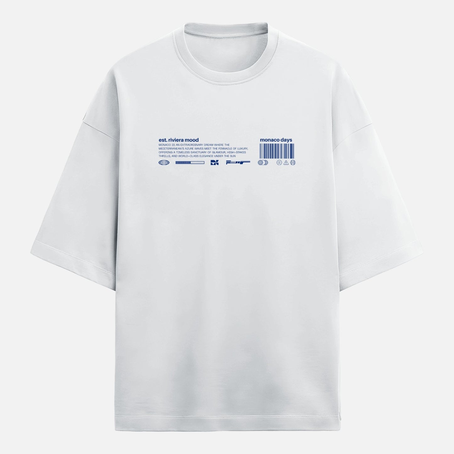 White t-shirt with blue text and graphics on a light gray background