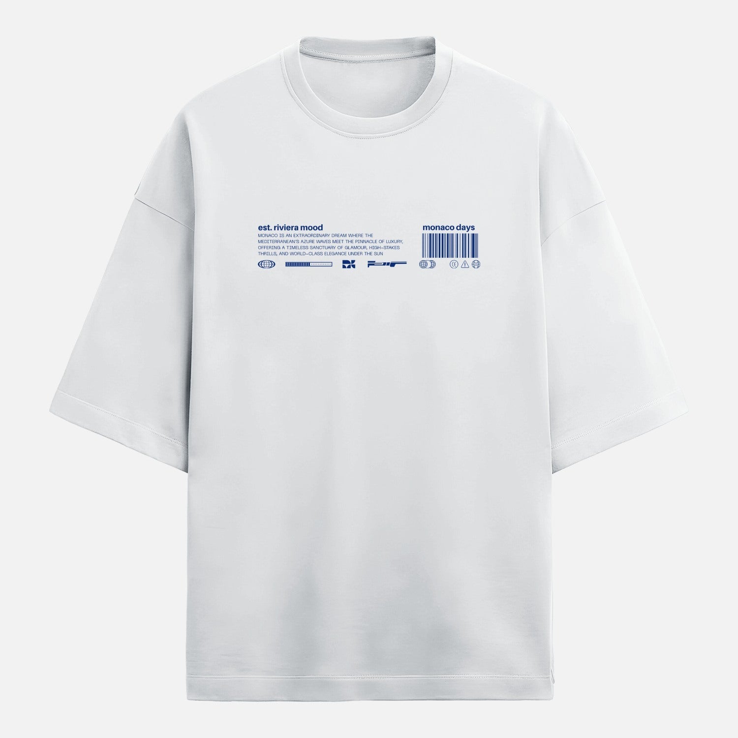 White t-shirt with blue text and graphics on a light gray background