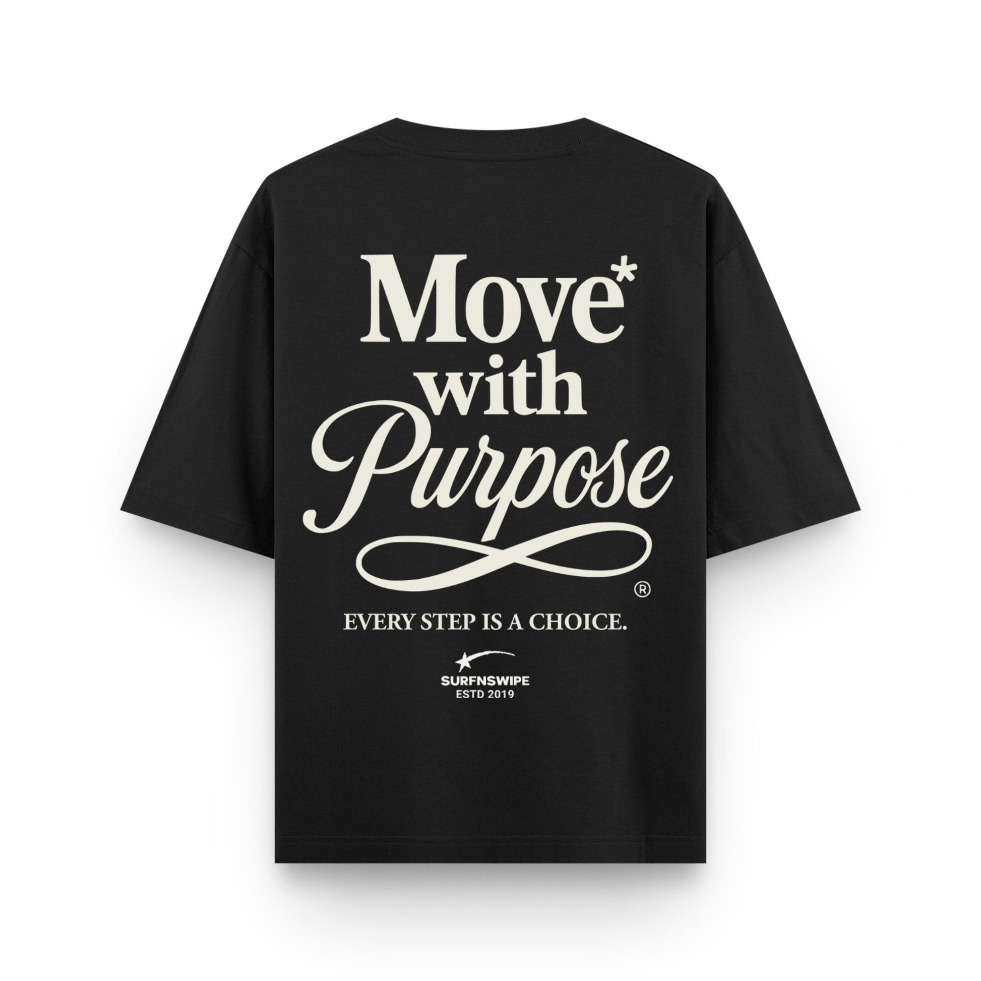 Black t-shirt with white text on a white background