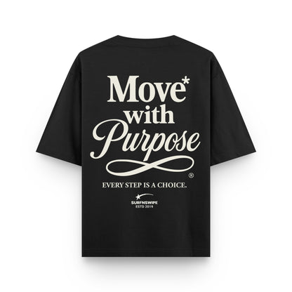 Black t-shirt with white text on a white background