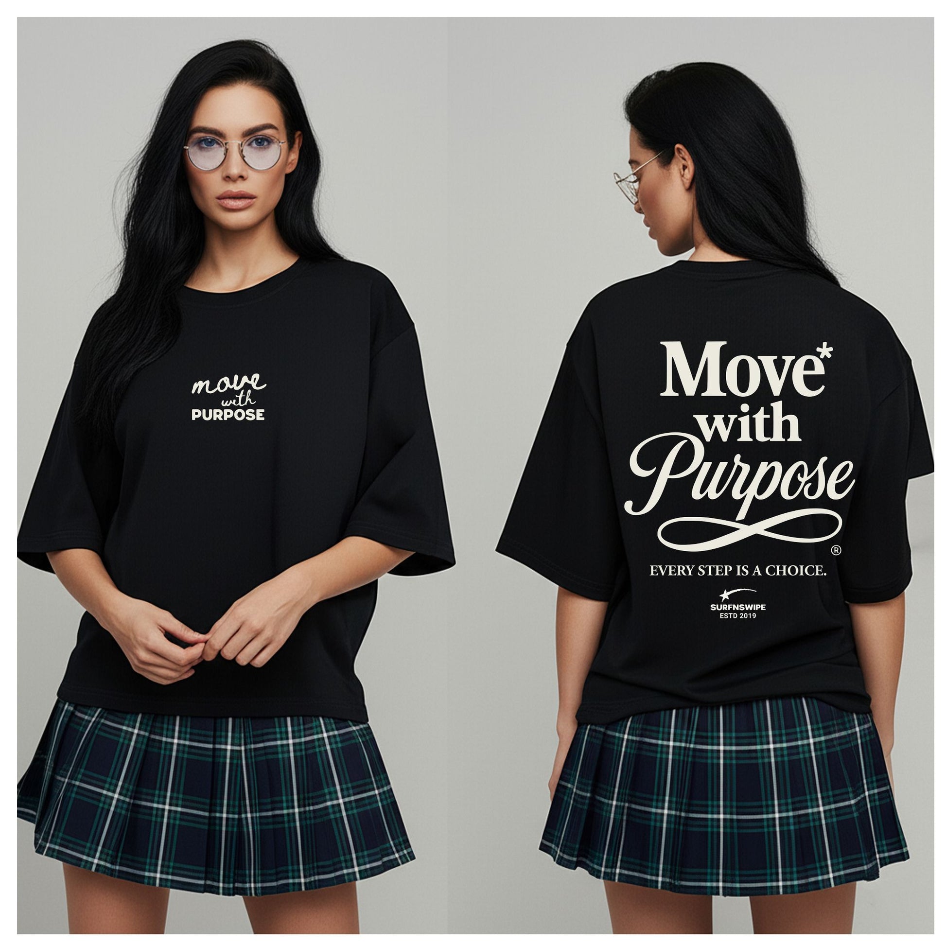 Woman wearing a black t-shirt with 'Move with Purpose' text, front and back views, on a plain background.