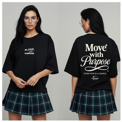 Woman wearing a black t-shirt with 'Move with Purpose' text, front and back views, on a plain background.
