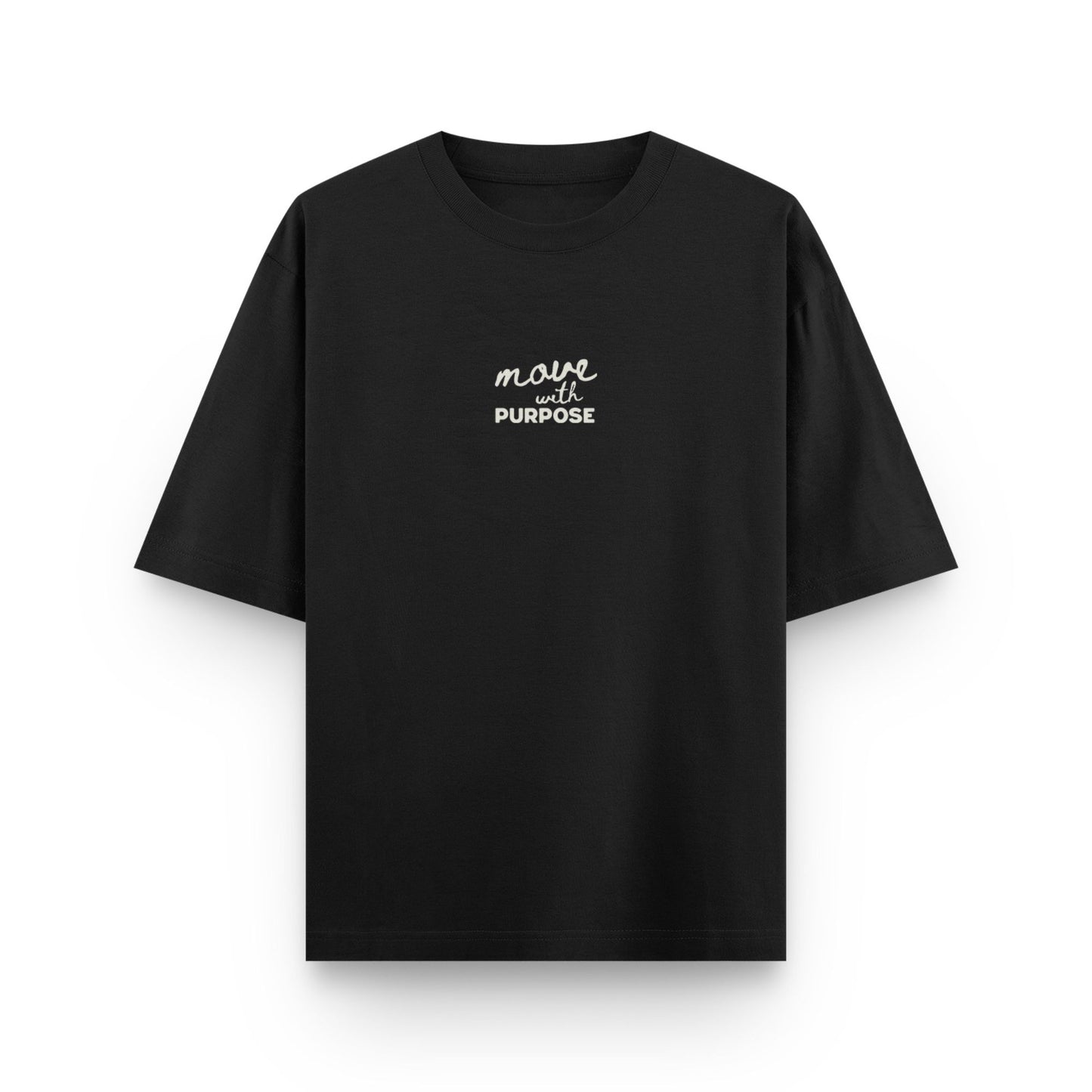 Black t-shirt with white text on a white background