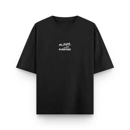 Black t-shirt with white text on a white background