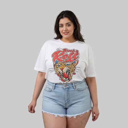Woman wearing a white t-shirt with a tiger graphic and 'Rock & Roll' text on a gray background