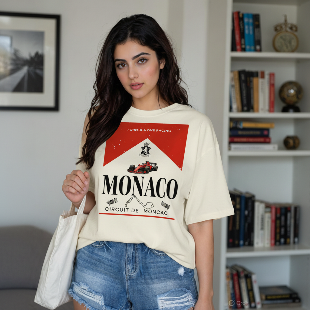 Woman wearing a 'Monaco' themed t-shirt in a room with books and decor.